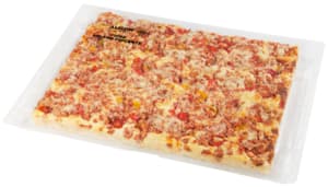 Spicy salami and bell pepper pizza