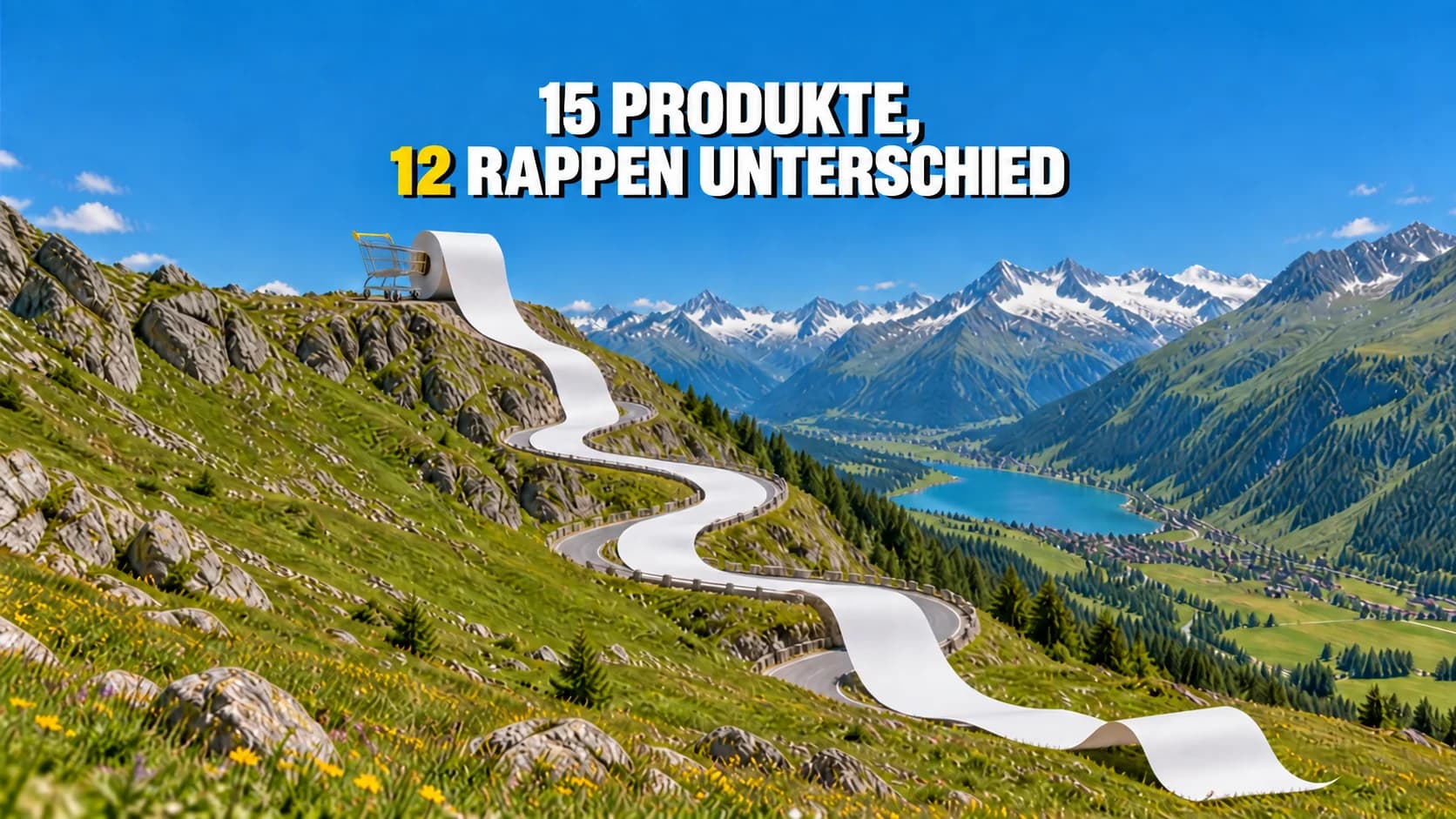 Eine weisse Papierrolle windet sich unter einem Einkaufswagen eine Alpenstrasse hinunter.