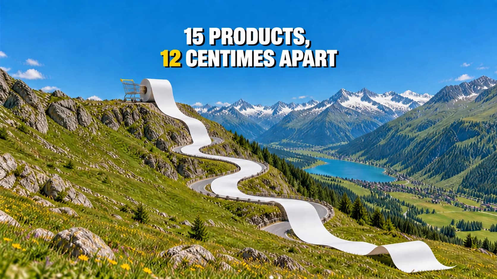 A white paper roll winds down an Alpine road below a shopping trolley.