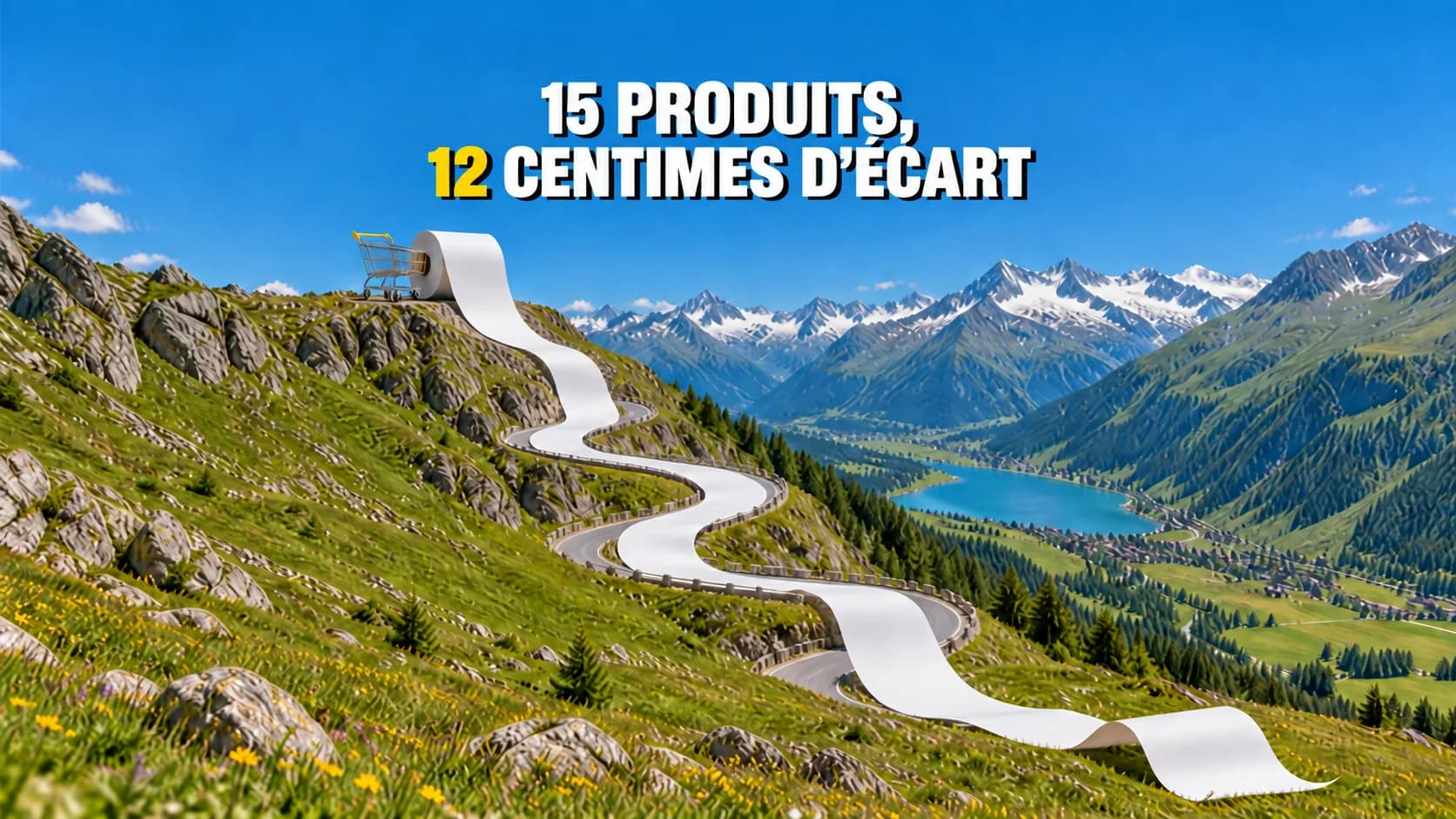 Un rouleau de papier blanc descend une route alpine sous un chariot.