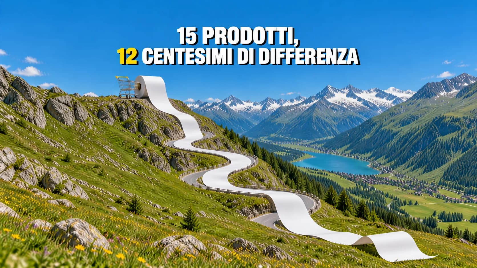 Un rotolo di carta bianca scende lungo una strada alpina sotto un carrello.