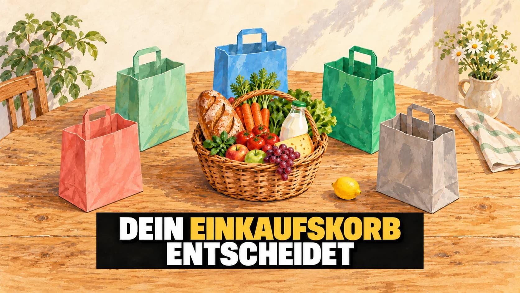 Gouachebild eines Lebensmittelkorbs zwischen fünf unbedruckten Papiertüten.