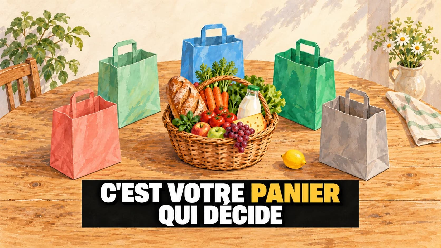Gouache d'un panier de provisions entouré de cinq sacs sans marque.