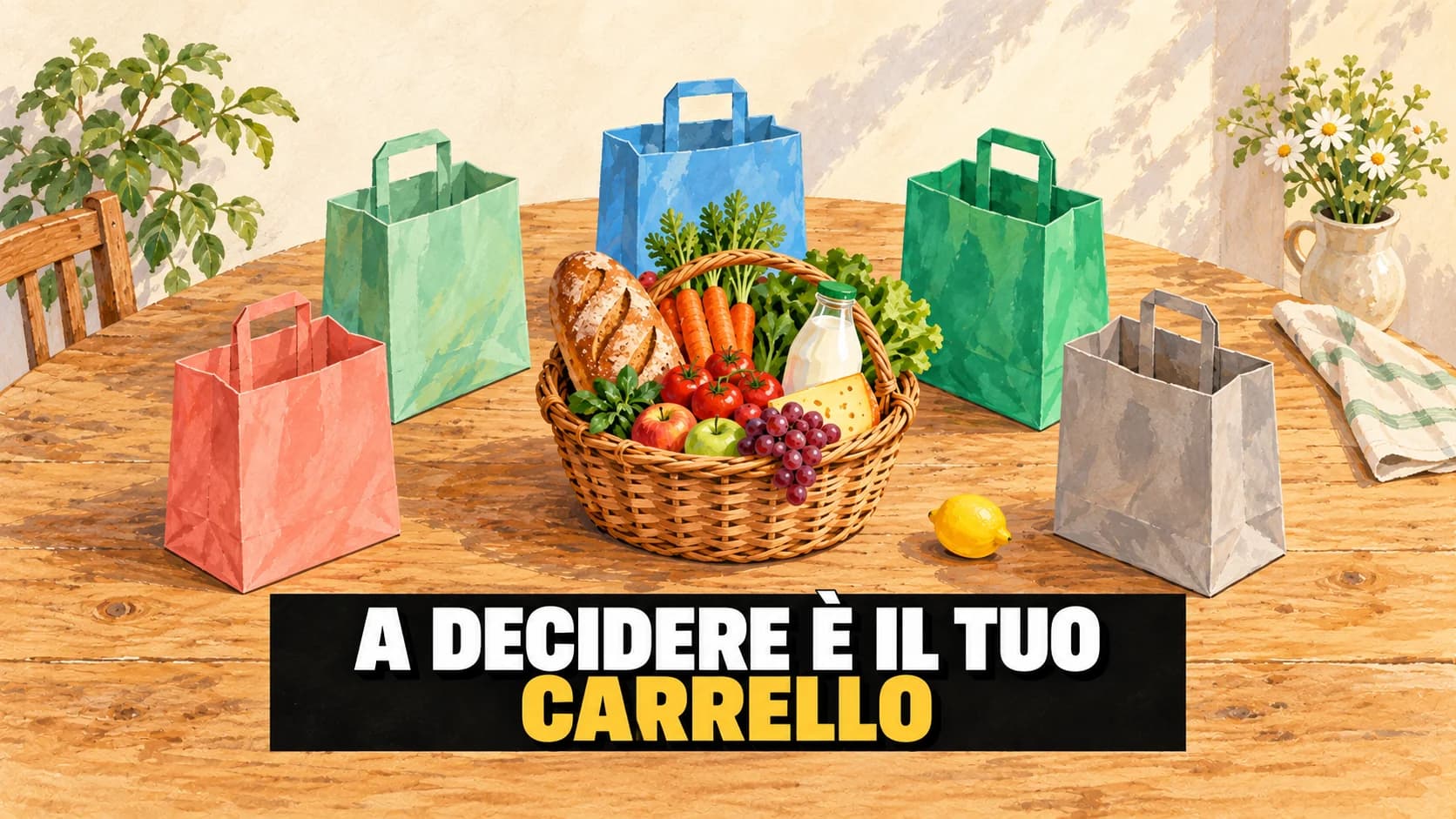Cesto di alimenti circondato da cinque sacchetti senza marchi, dipinto a gouache.