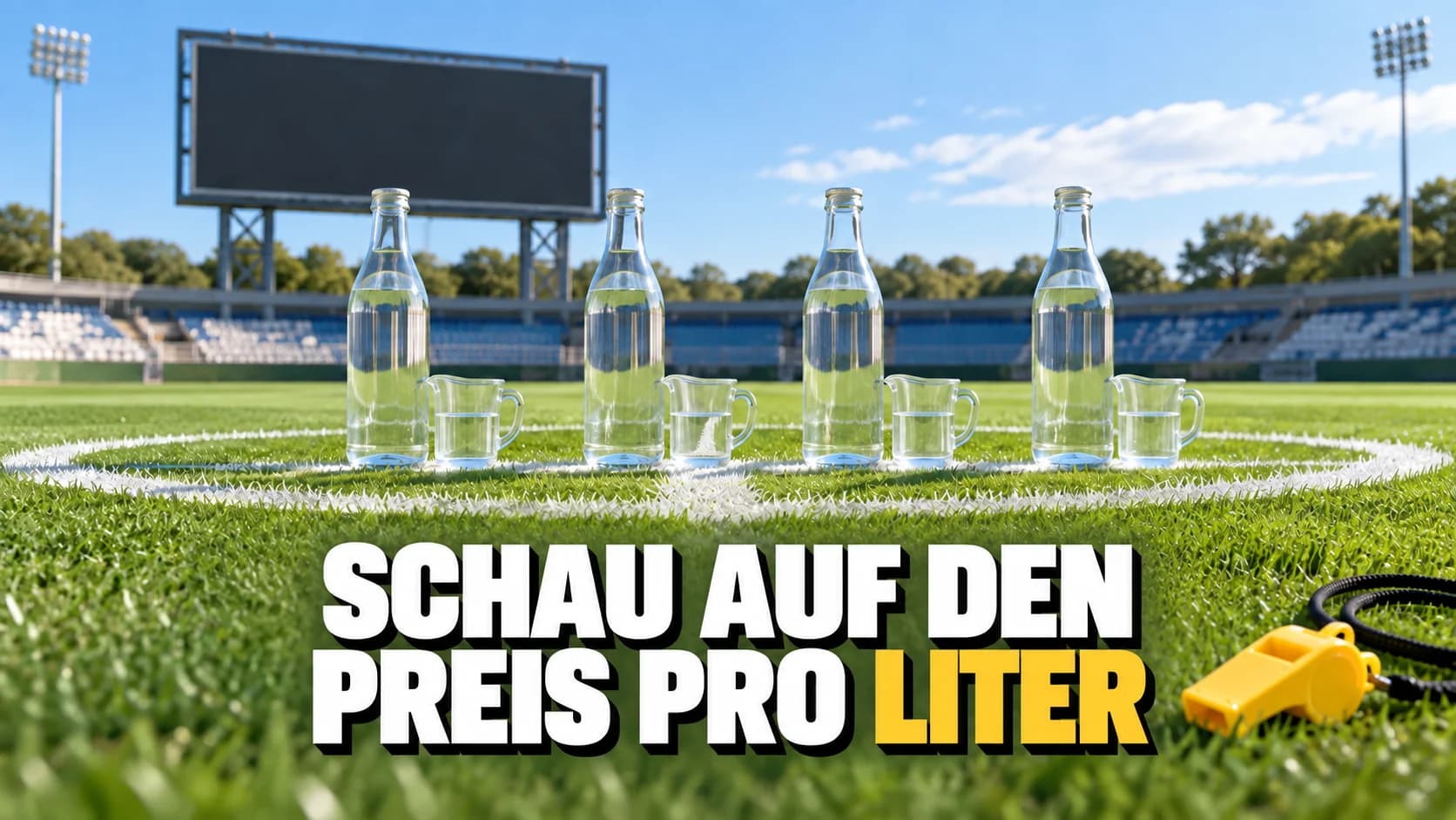 Unbeschriftete Wasserflaschen auf einem grünen Spielfeld mit gelber Pfeife.