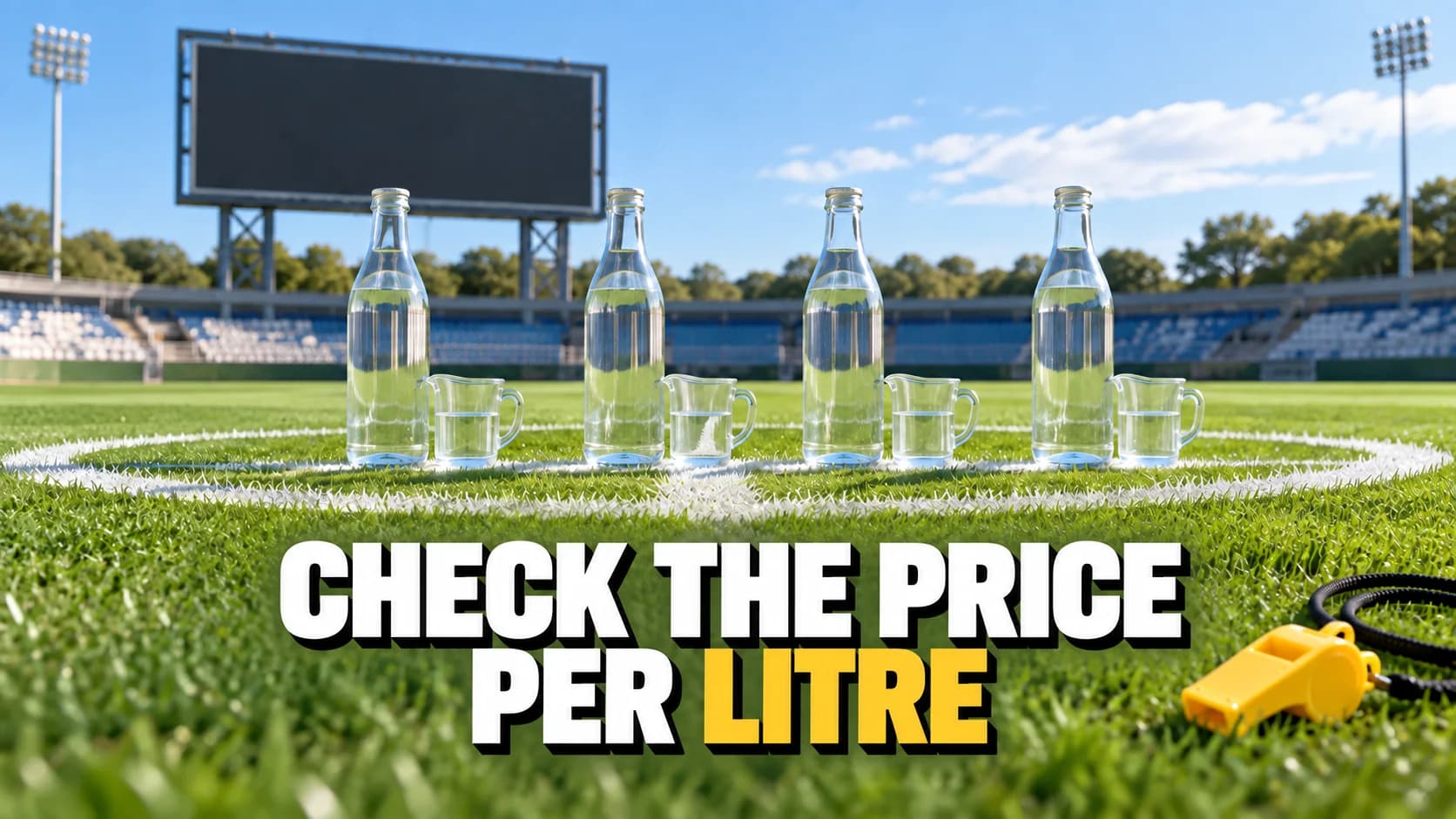 Unlabelled water bottles on a green pitch with a yellow whistle.