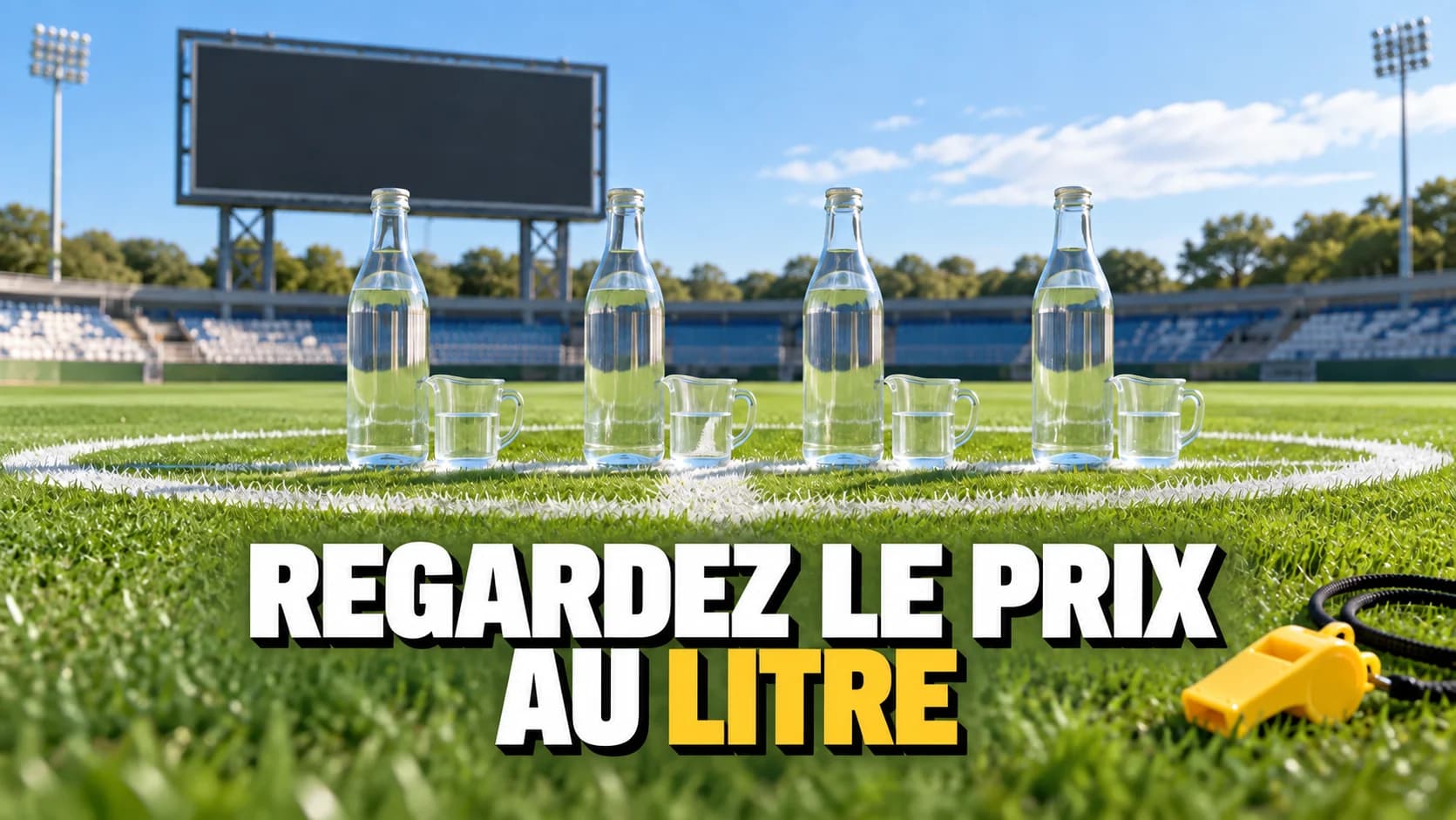 Bouteilles d'eau sans étiquette sur un terrain vert avec un sifflet jaune.