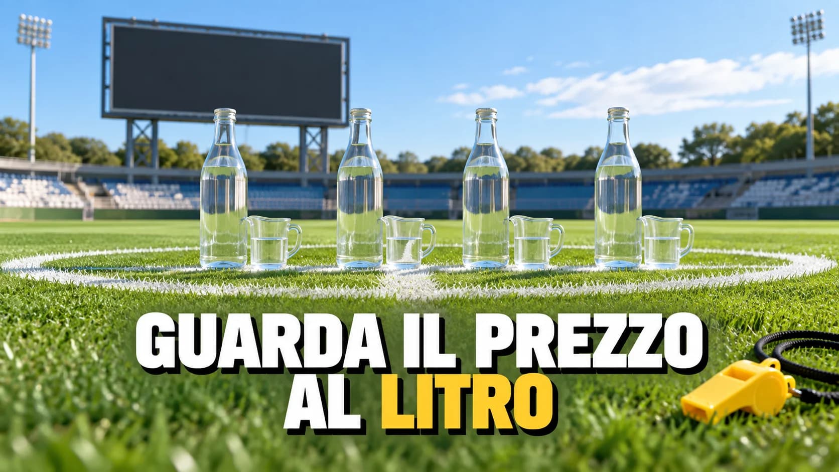 Bottiglie d'acqua senza etichetta su un campo verde con fischietto giallo.