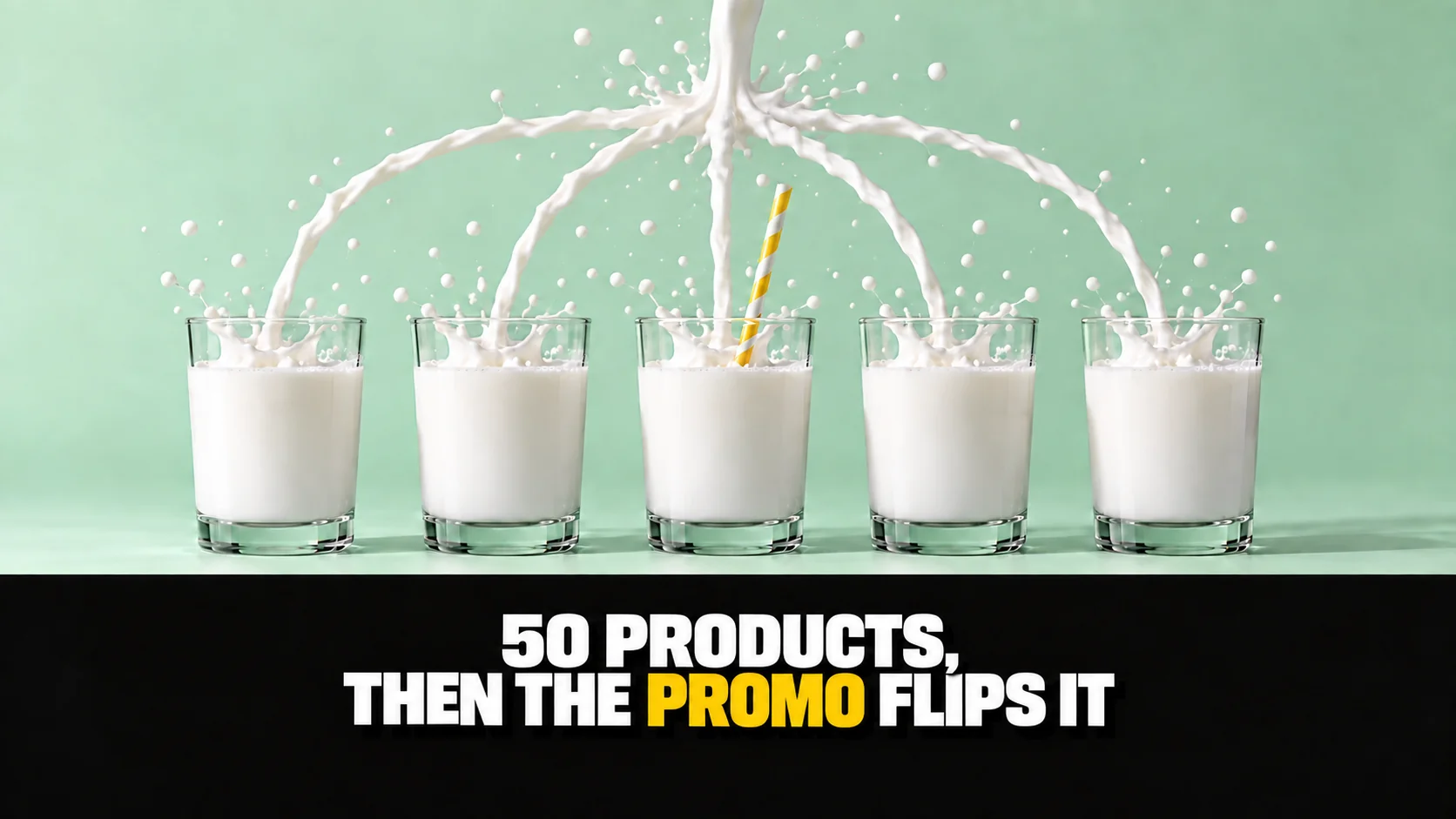 Five streams of milk fill matching glasses beside a yellow straw.