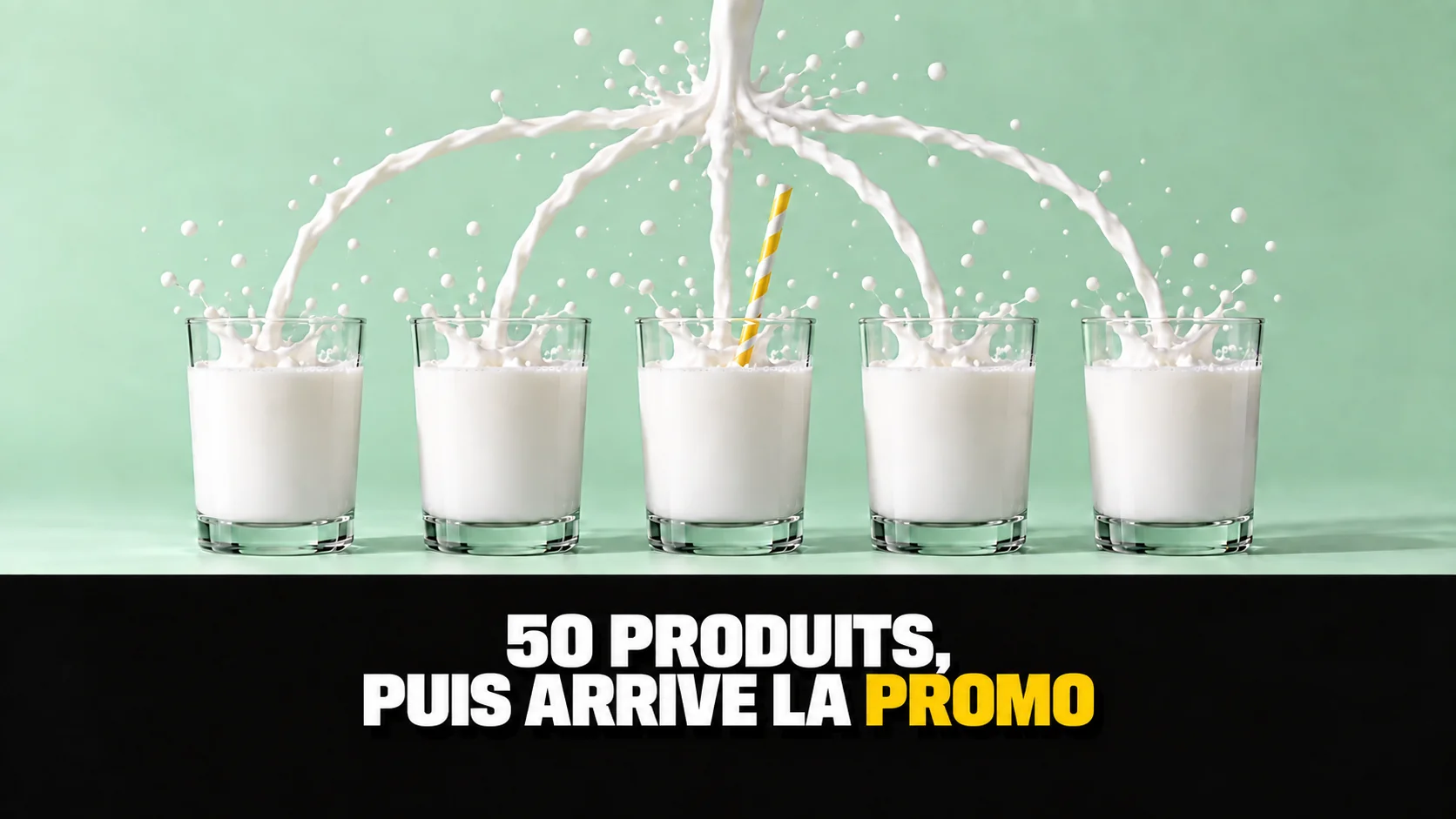 Cinq jets de lait remplissent des verres identiques près d'une paille jaune.