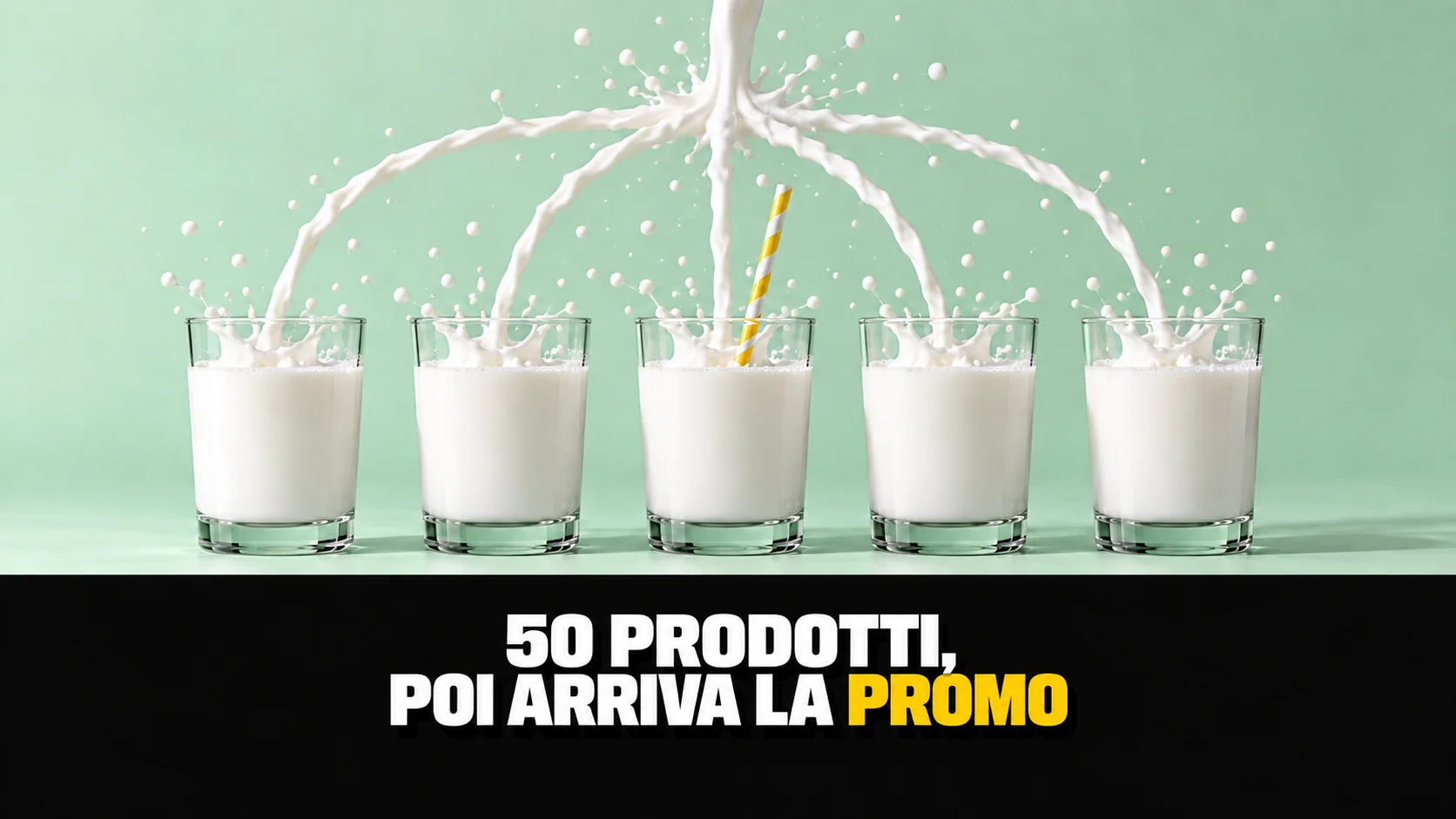 Cinque getti di latte riempiono bicchieri uguali, con una cannuccia gialla.