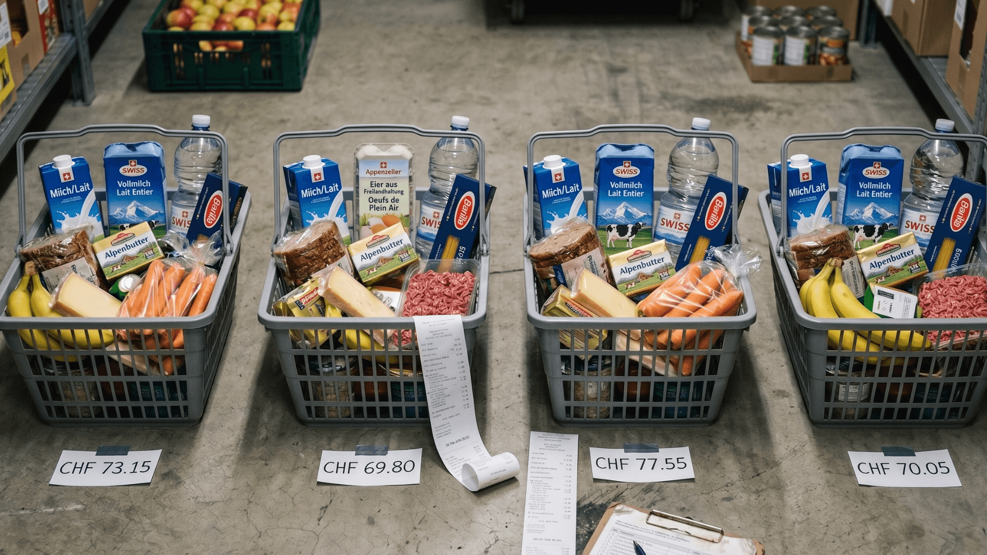 Swiss supermarket price comparison 2026 – shopping baskets with price tags