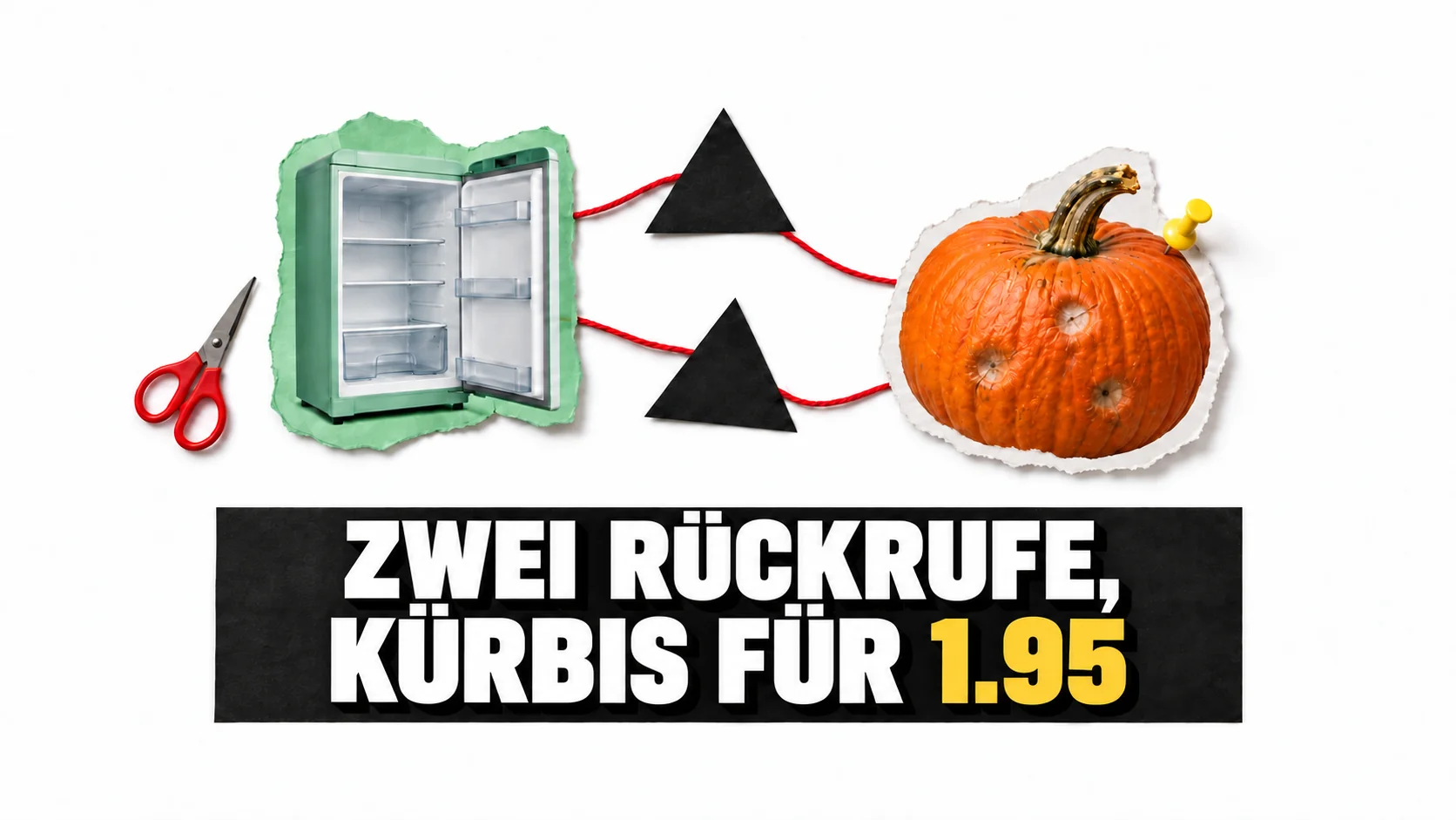 Collage aus Kühlschrank, Lebensmittelrückrufen und Kürbis.