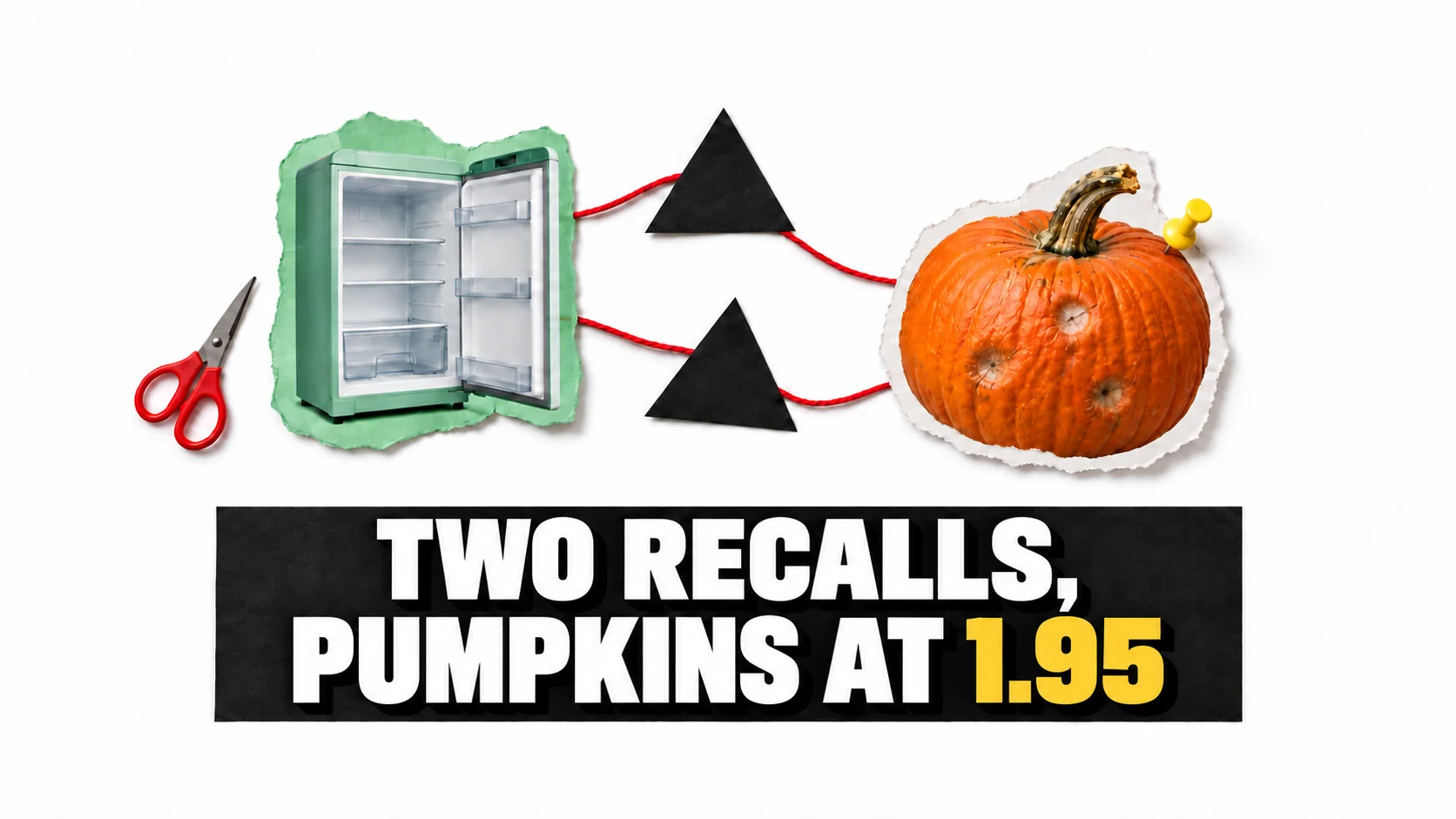 Collage of a refrigerator, food recalls and a pumpkin.