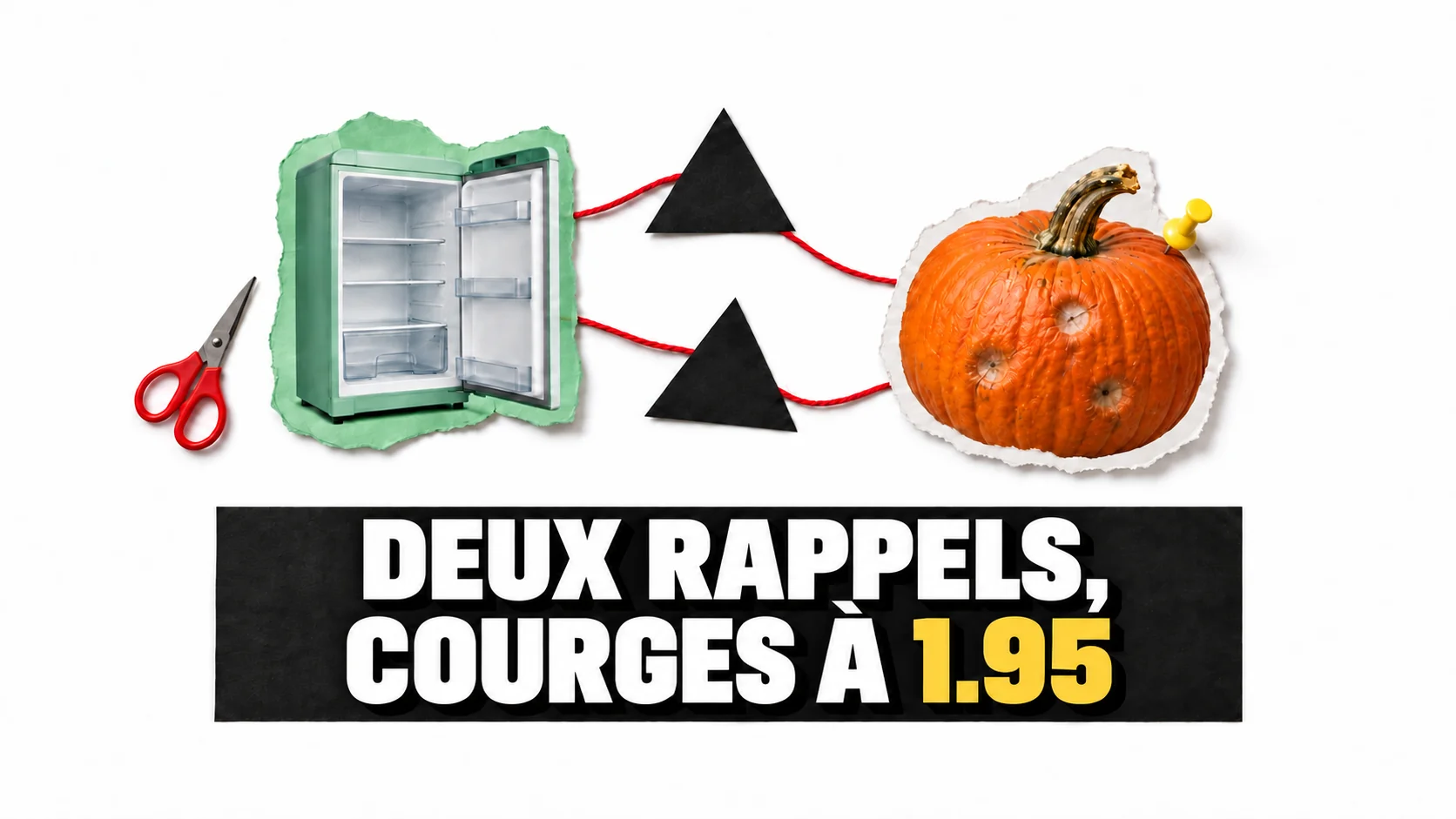 Collage de réfrigérateur, rappels alimentaires et citrouille.