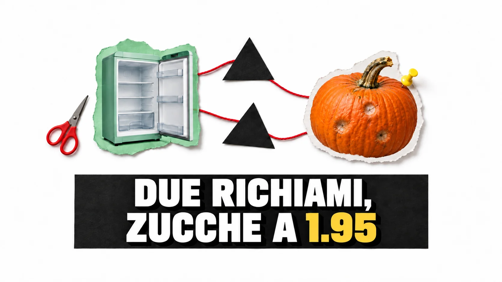 Collage di frigorifero, richiami alimentari e zucca.