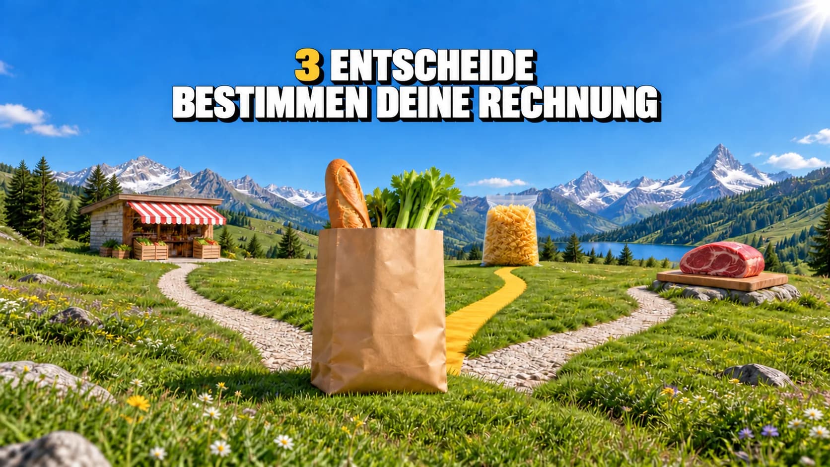 Einkaufstasche auf einer Alpenwiese mit Wegen zu Laden, Pasta und Fleisch.