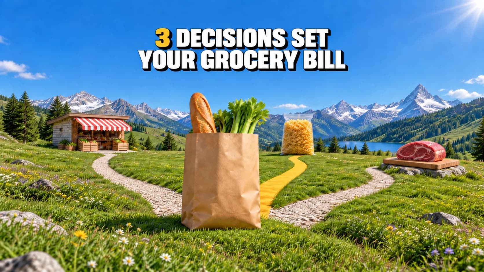 Grocery bag in an Alpine meadow with paths to a shop, pasta and meat.