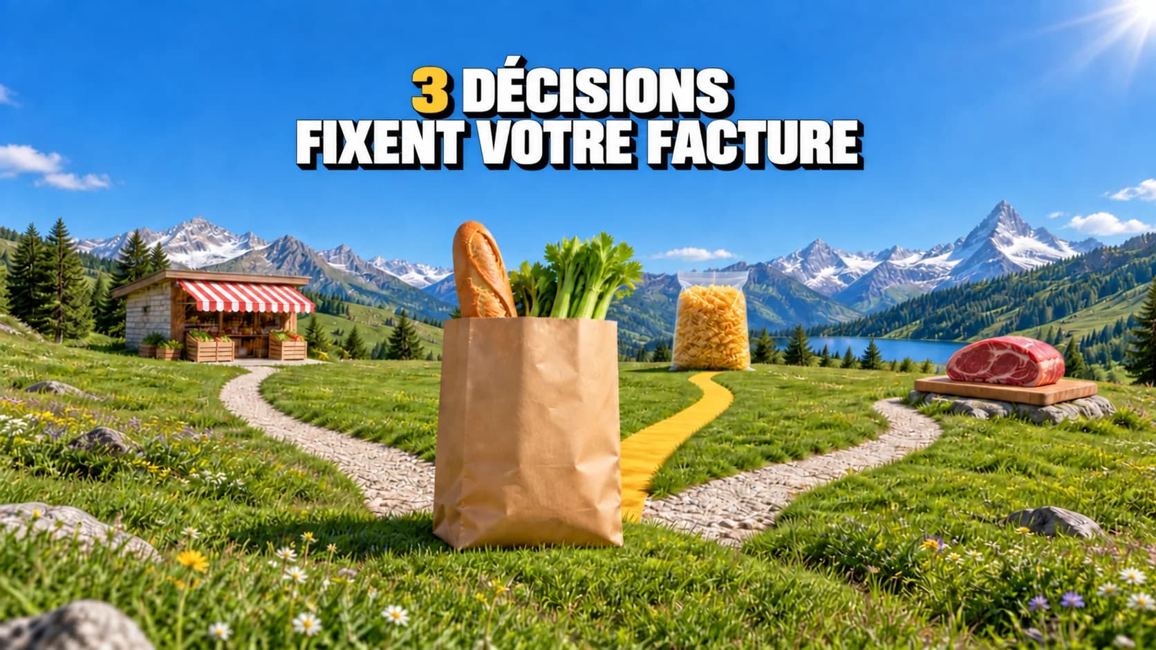 Sac de provisions dans un pré alpin avec des chemins vers magasin, pâtes et viande.