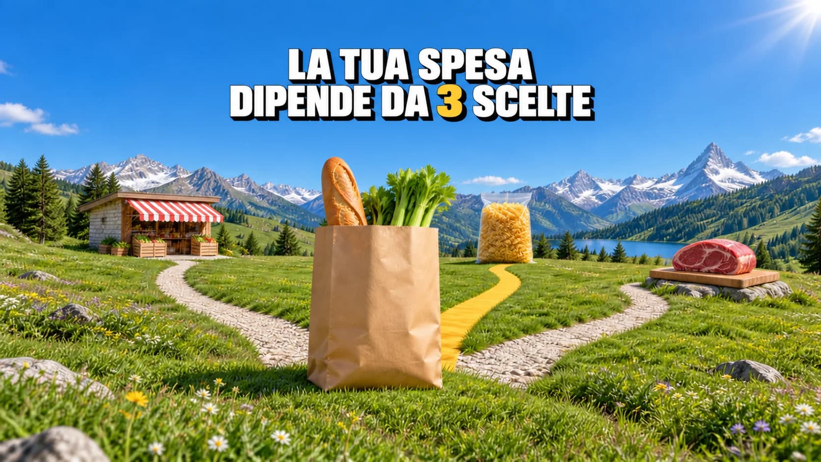 Borsa della spesa su un prato alpino con tre sentieri verso negozio, pasta e carne.