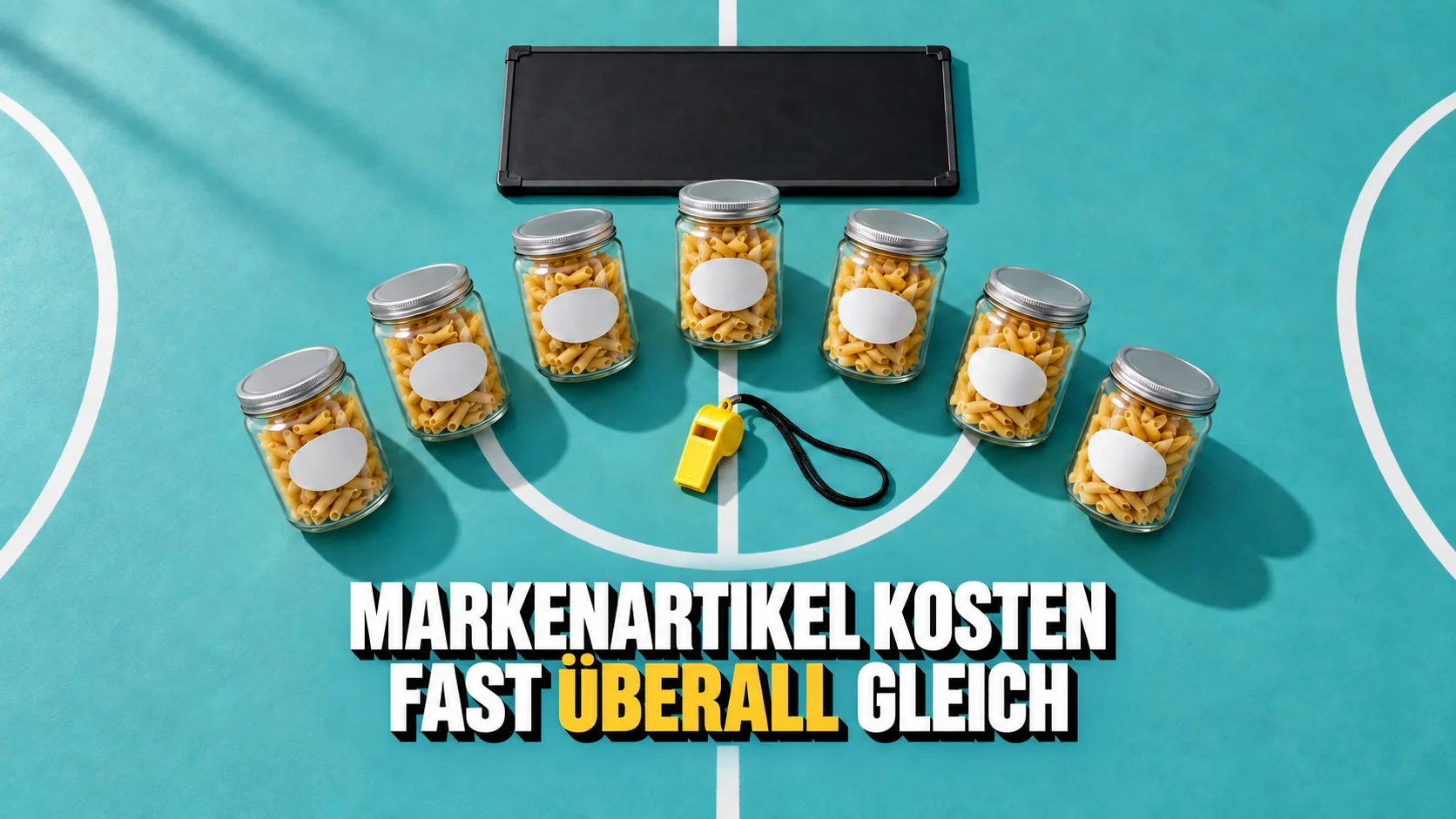 Sieben Pastagläser auf türkisem Spielfeld mit leerer Anzeigetafel und Pfeife.