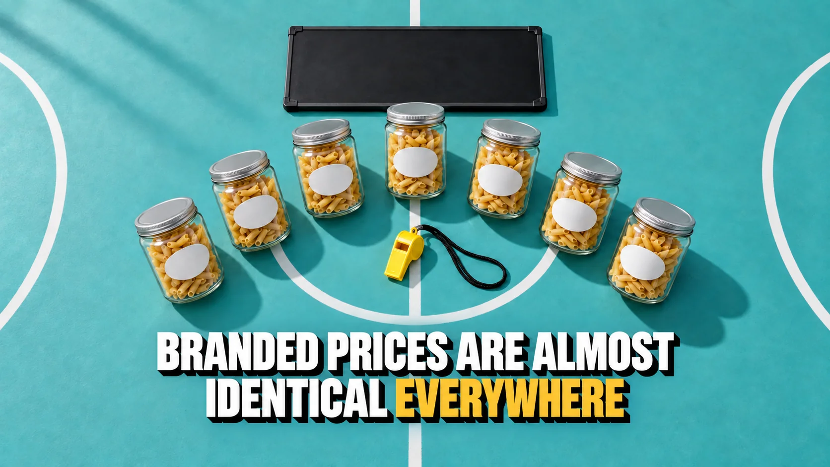 Seven pasta jars on a turquoise court with a blank scoreboard and whistle.