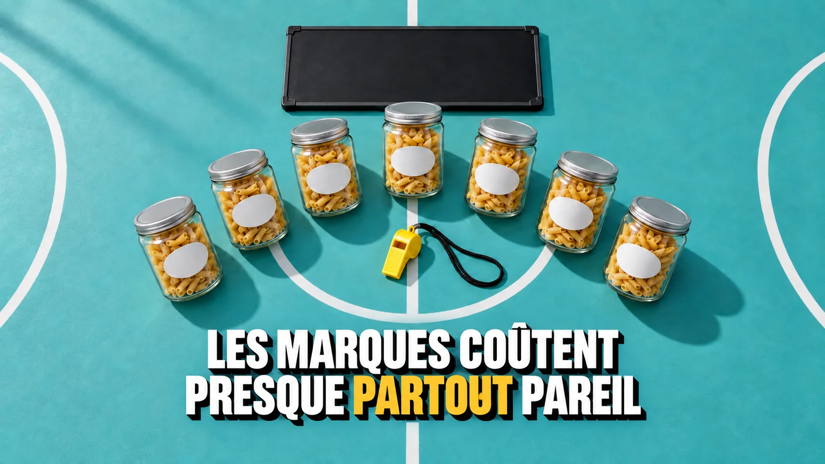 Sept bocaux de pâtes sur un terrain turquoise avec tableau vierge et sifflet.