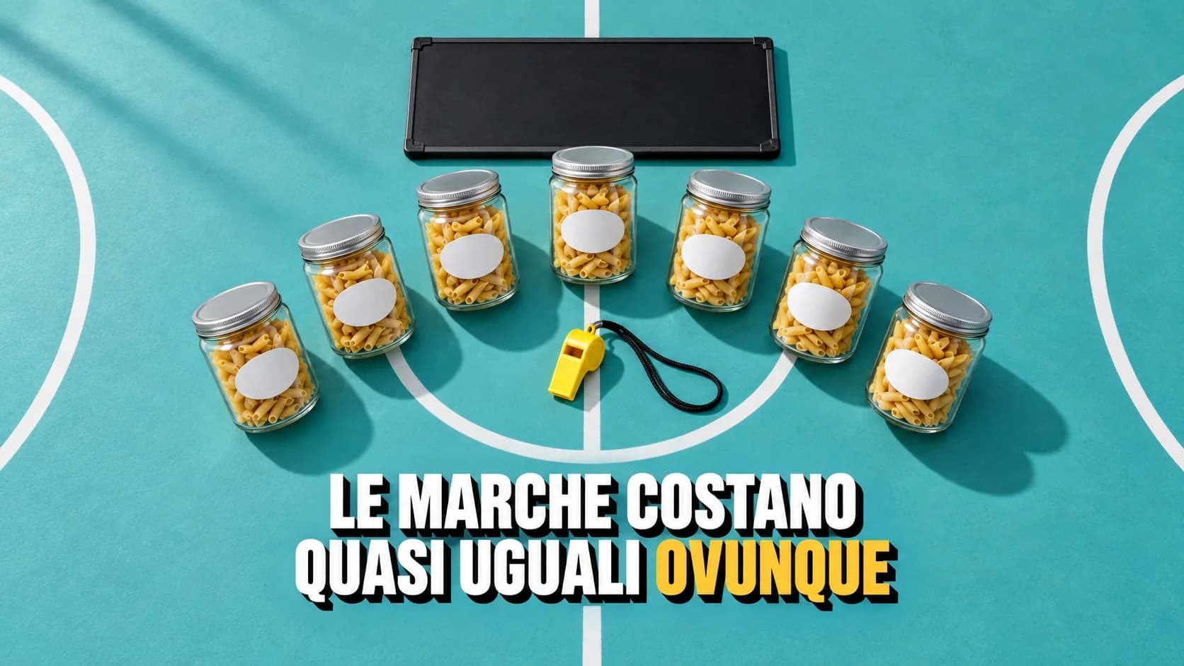 Sette barattoli di pasta su campo turchese con tabellone vuoto e fischietto.