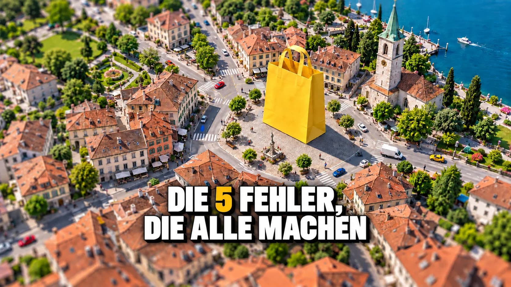 Eine riesige gelbe Einkaufstasche auf dem Platz einer Schweizer Miniaturstadt.