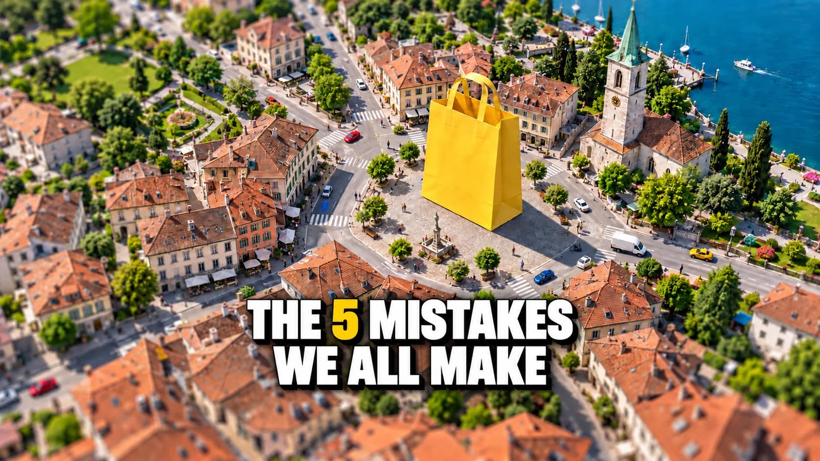 A giant yellow bag in the square of a miniature Swiss town.