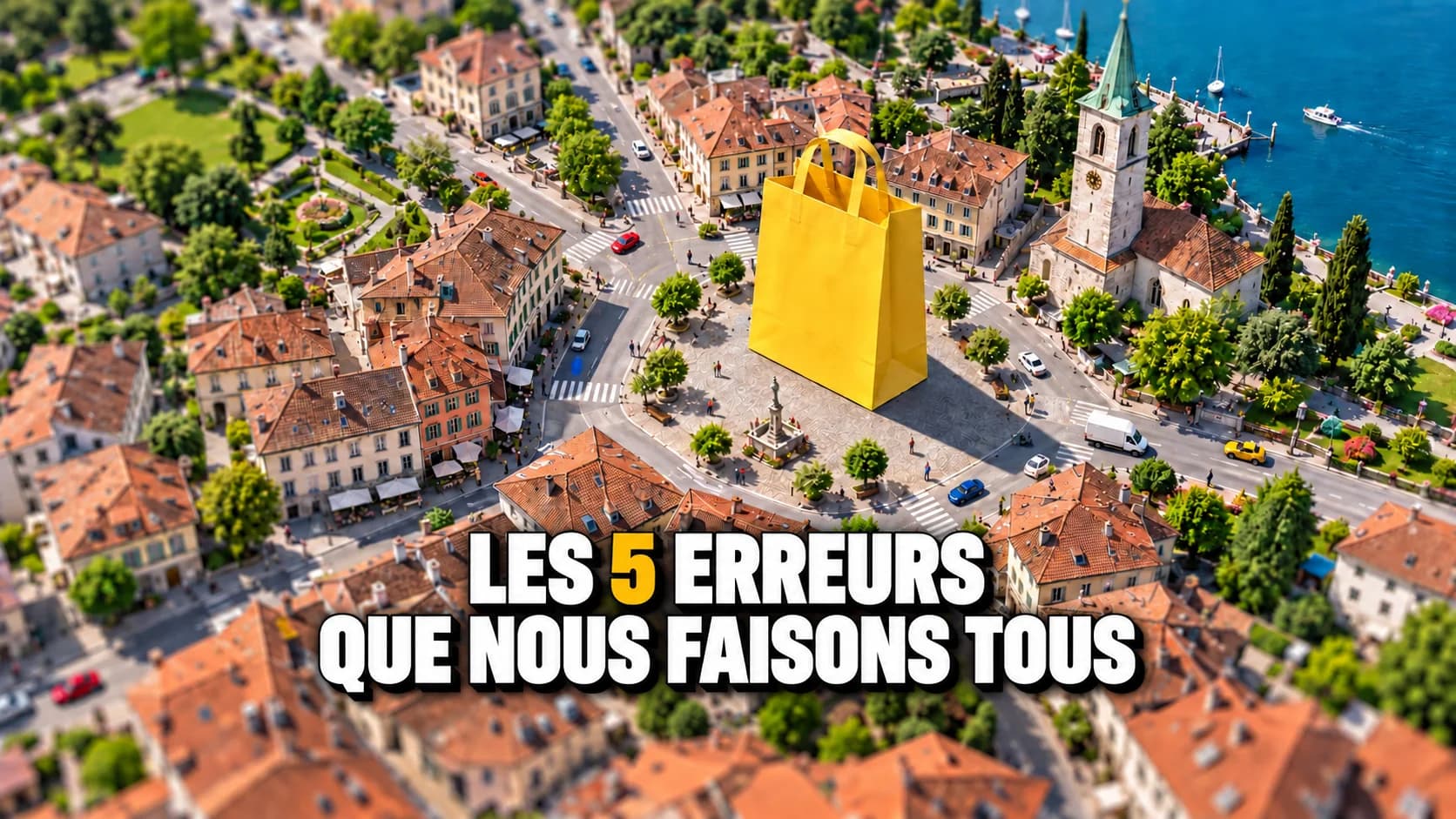 Un grand sac jaune sur la place d'une ville suisse miniature.