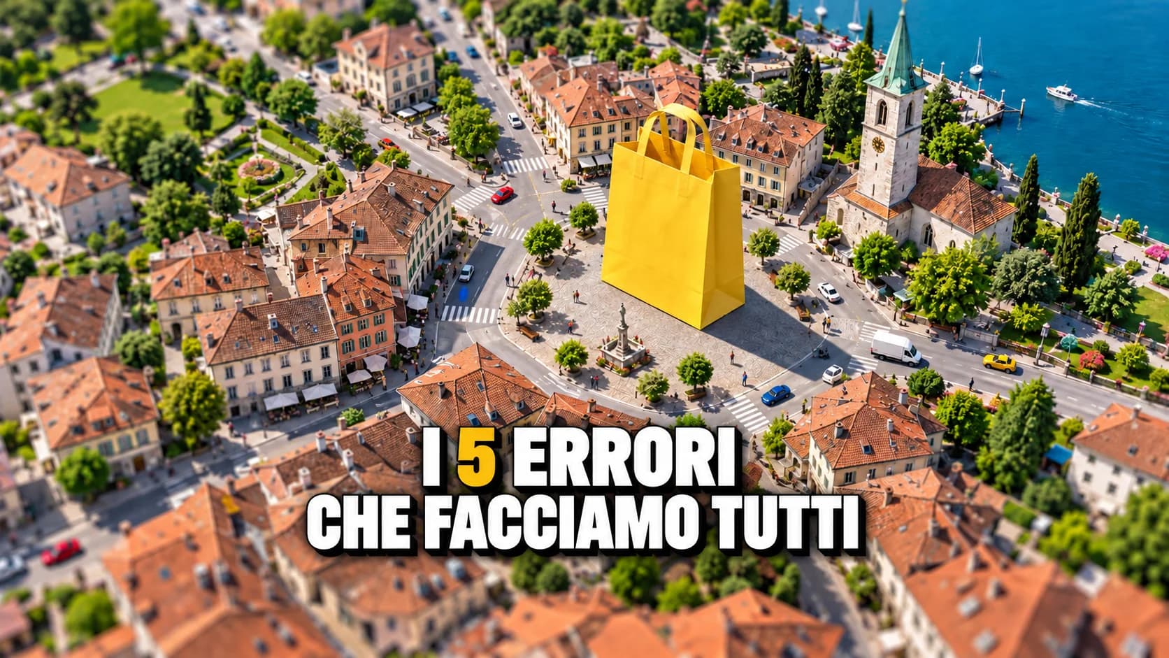 Una borsa gialla gigante nella piazza di una cittadina svizzera in miniatura.