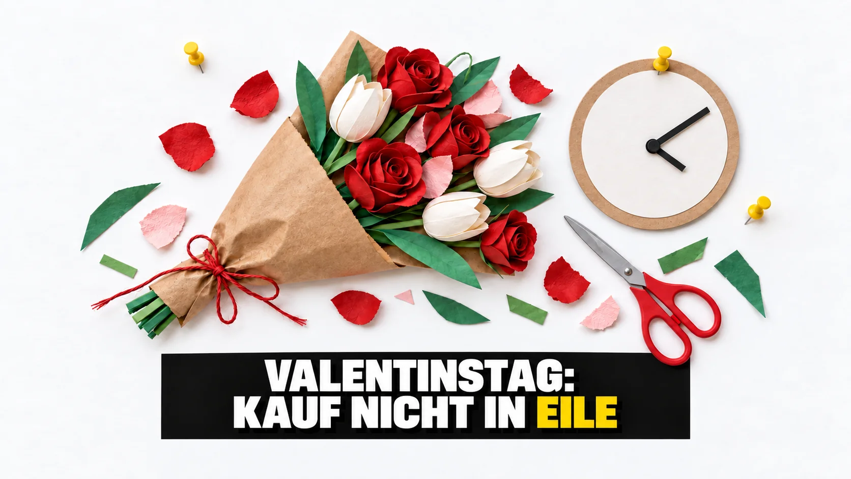 Collage aus Papierblumen, Schere und einer Uhr ohne Zahlen.