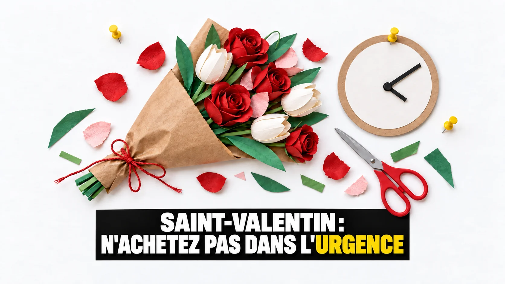 Collage de fleurs en papier, ciseaux et horloge sans chiffres.