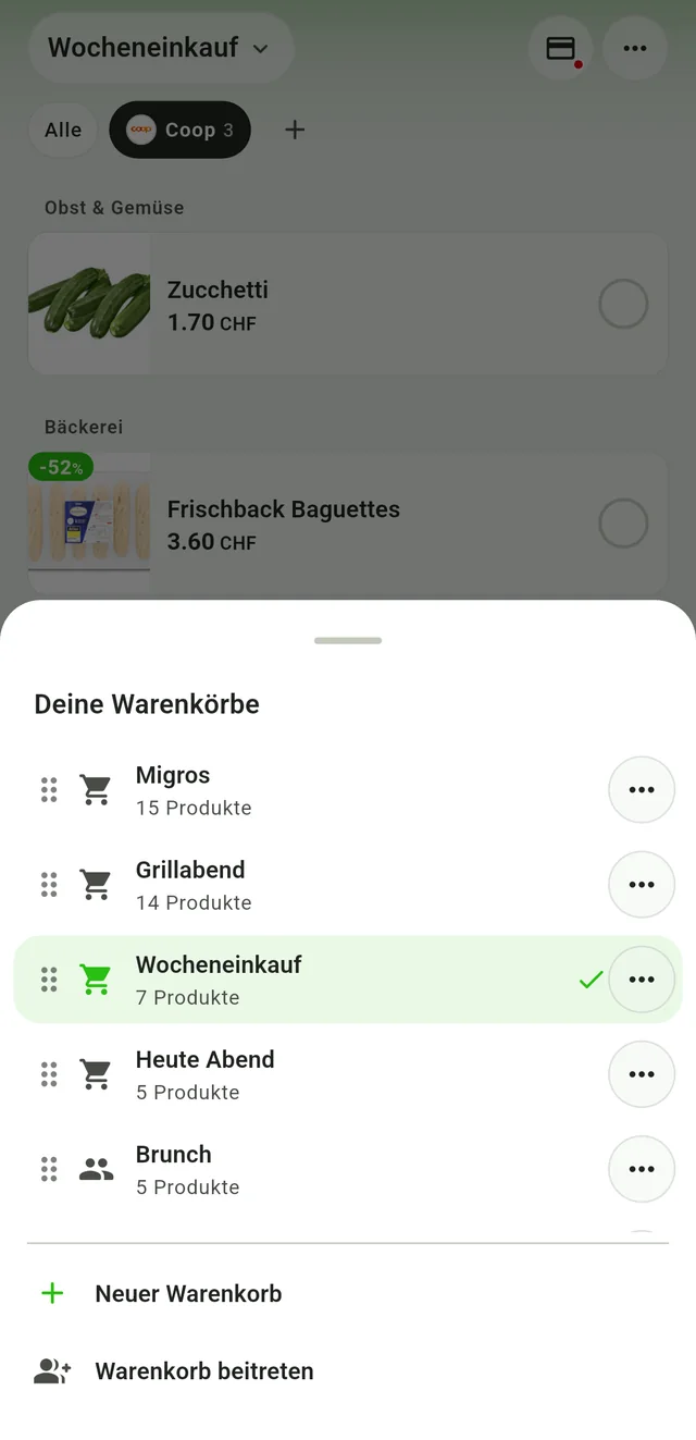 Einkaufslisten auswählen und organisieren