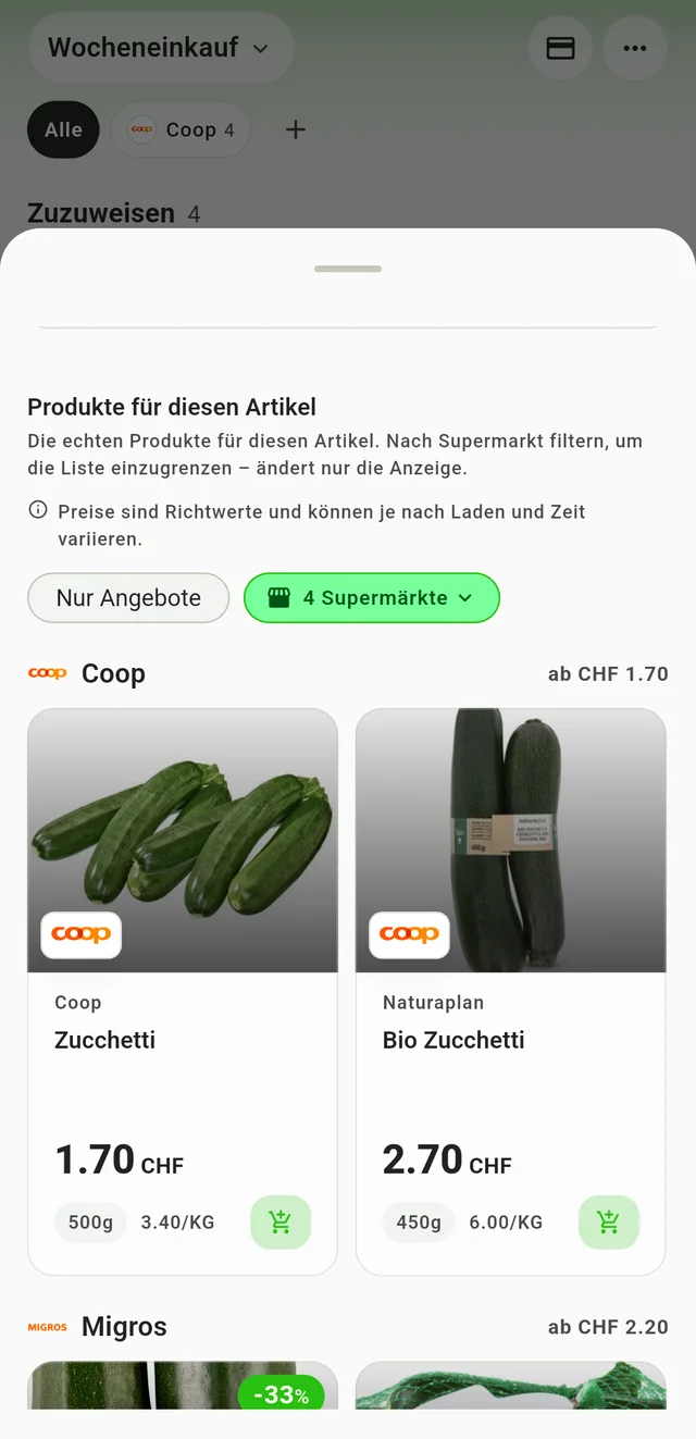 Produkte für einen Listeneintrag vergleichen