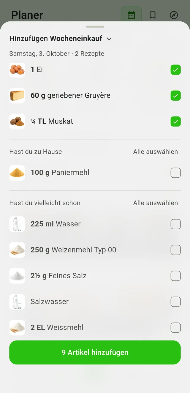 Zutaten aus dem Wochenplan auswählen
