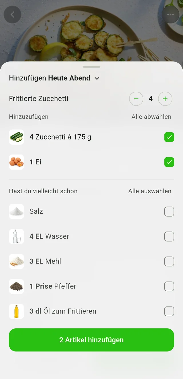 Rezeptzutaten für die Einkaufsliste auswählen