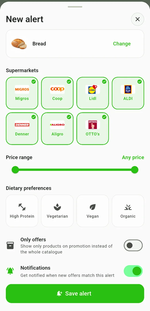 Configure a product alert