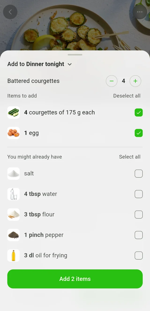 Choose recipe ingredients for a shopping list