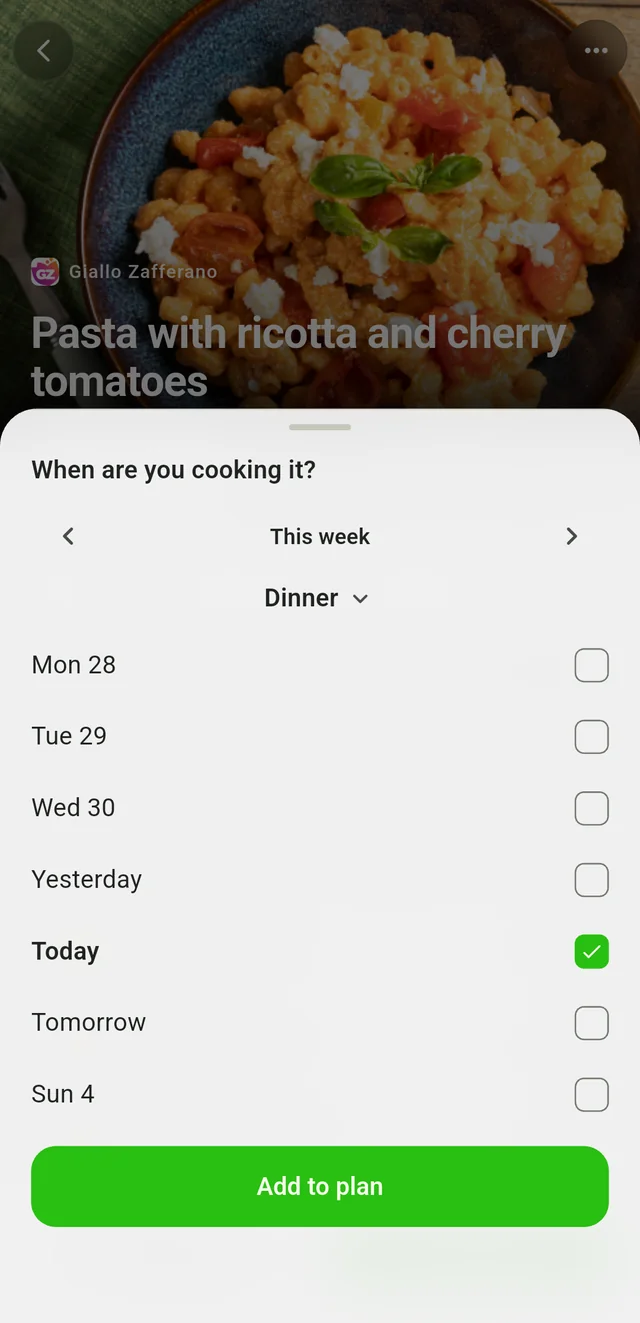 Schedule a recipe for a meal