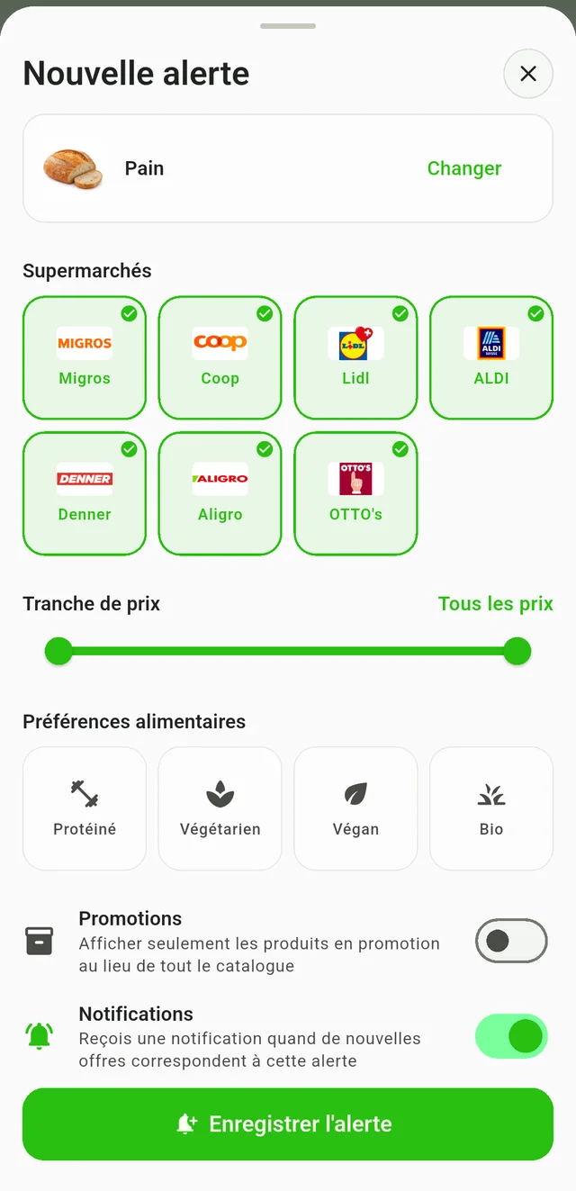 Configurer une alerte pour le pain