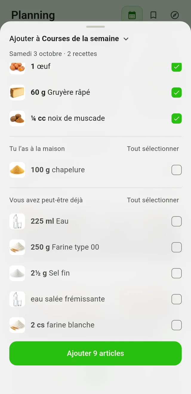 Choisir les ingrédients du planning pour les courses