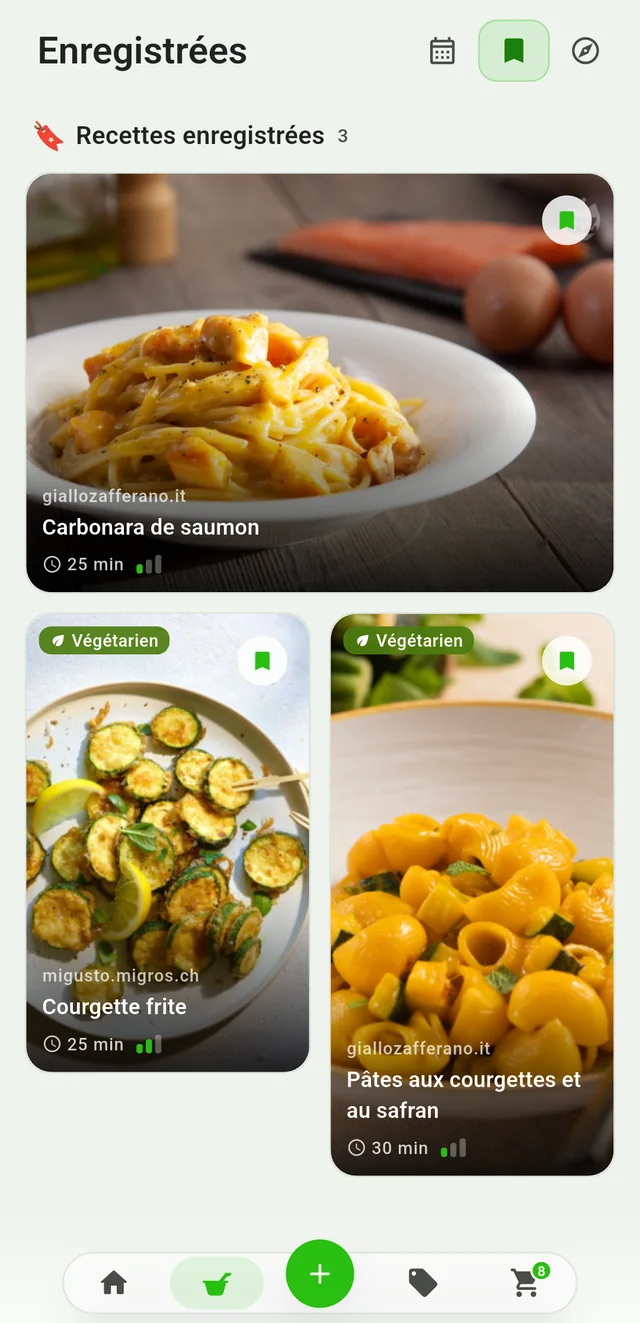 Retrouver les recettes enregistrées