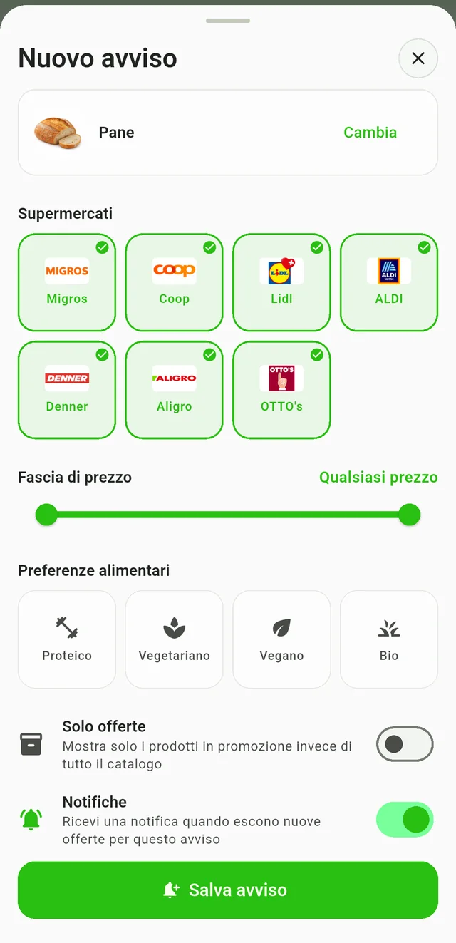 Configura un avviso per un prodotto