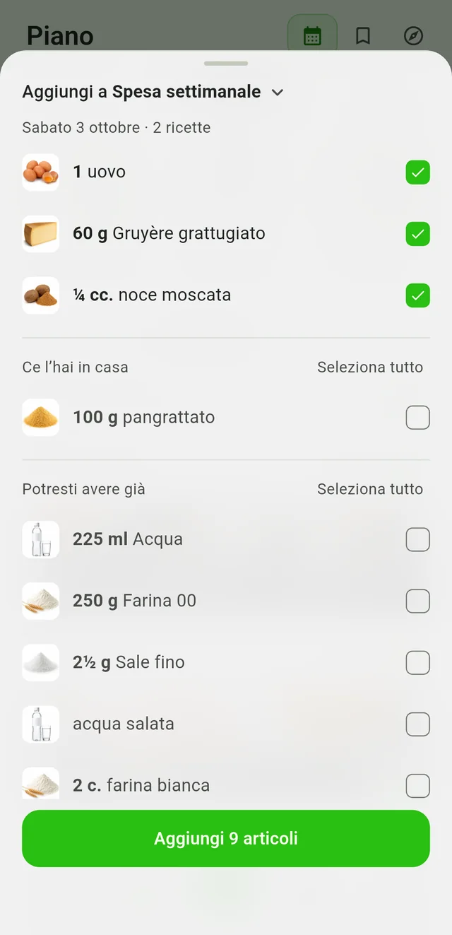 Scegli gli ingredienti del piano da comprare