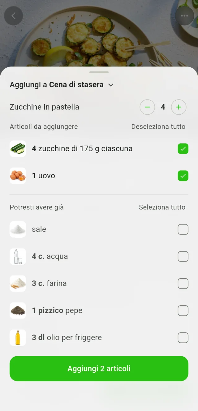 Scegli gli ingredienti per la lista della spesa