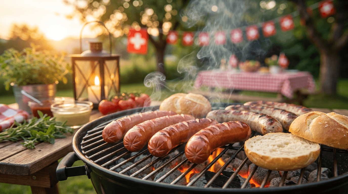 Grillade suisse du 1er août avec cervelas, saucisses et pains bürli sur le grill