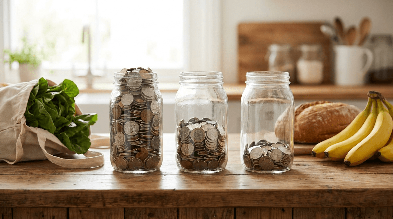Three savings jars with different amounts of coins: the 50-30-20 rule applied to Swiss numbers, with groceries in the needs bucket, lowered with Rappn.