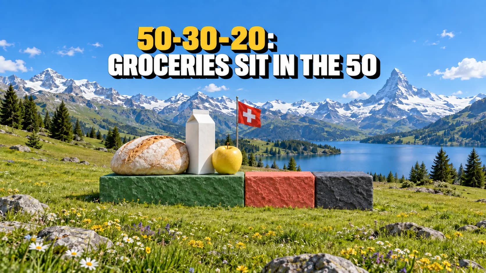 Three stone blocks in an Alpine meadow with food on the widest block.